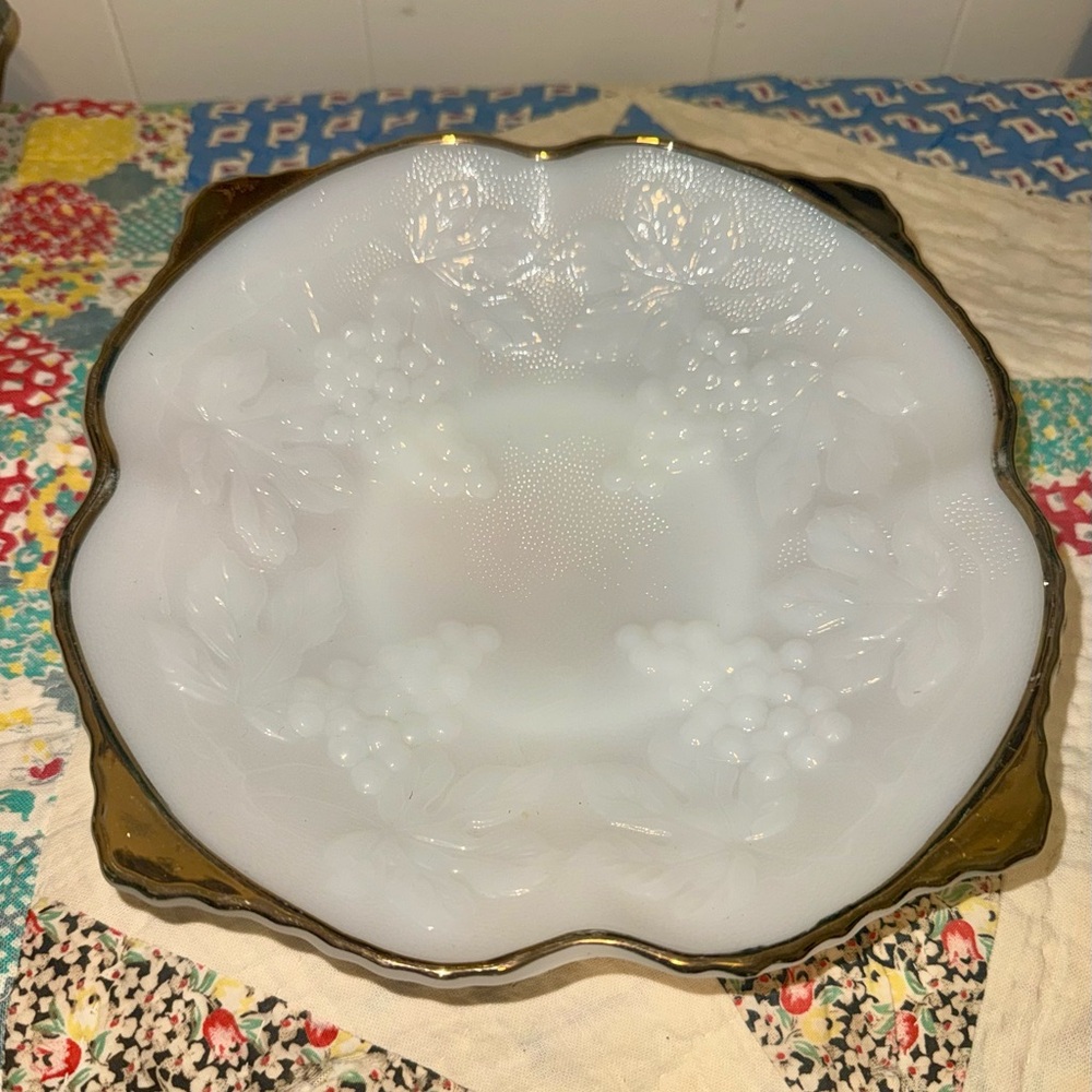 Vintage Anchor Hocking milk glass bowl with gold trim Cottagecore